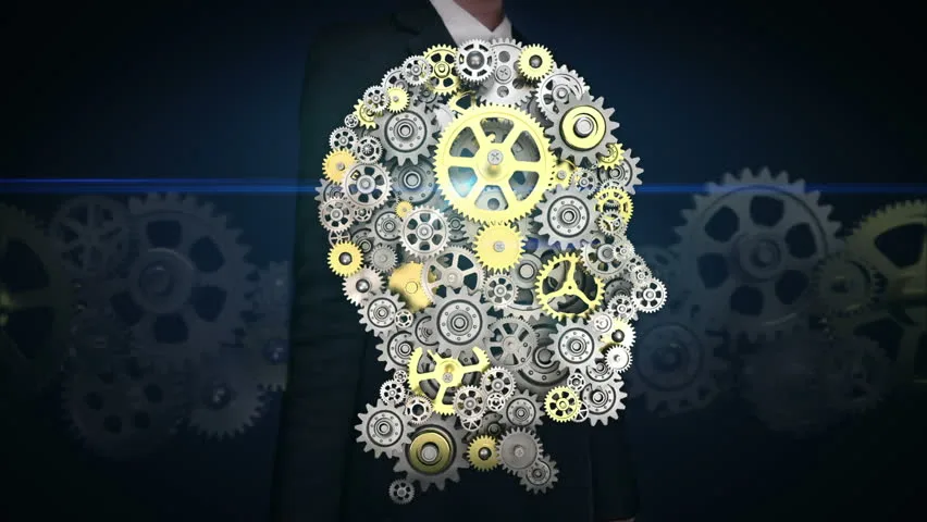 Conceptual image of a human head formed from interlocking gears, representing the craniosacral mechanism.