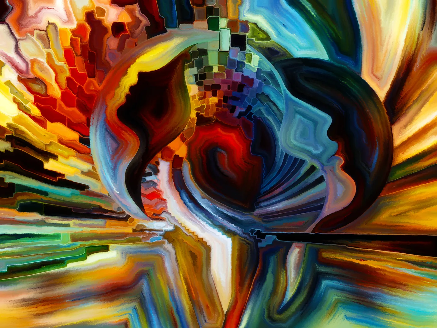 Abstract, colorful painting of two faces emerging from flowing forms, evoking stored emotion.